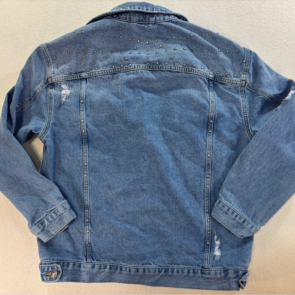 Free People Studded Distressed Denim Jacket Boho Western Festival Womens M - Picture 3 of 6